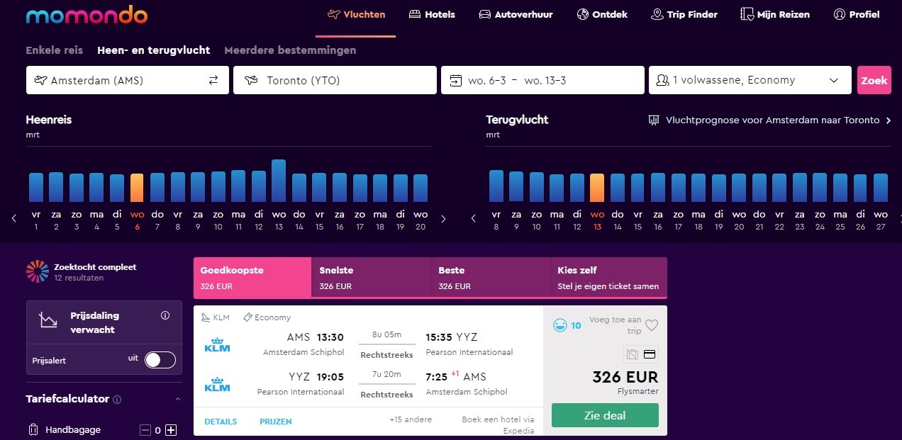 Werelddeal Weken op momondo AMS - YTO vanaf 326 euro