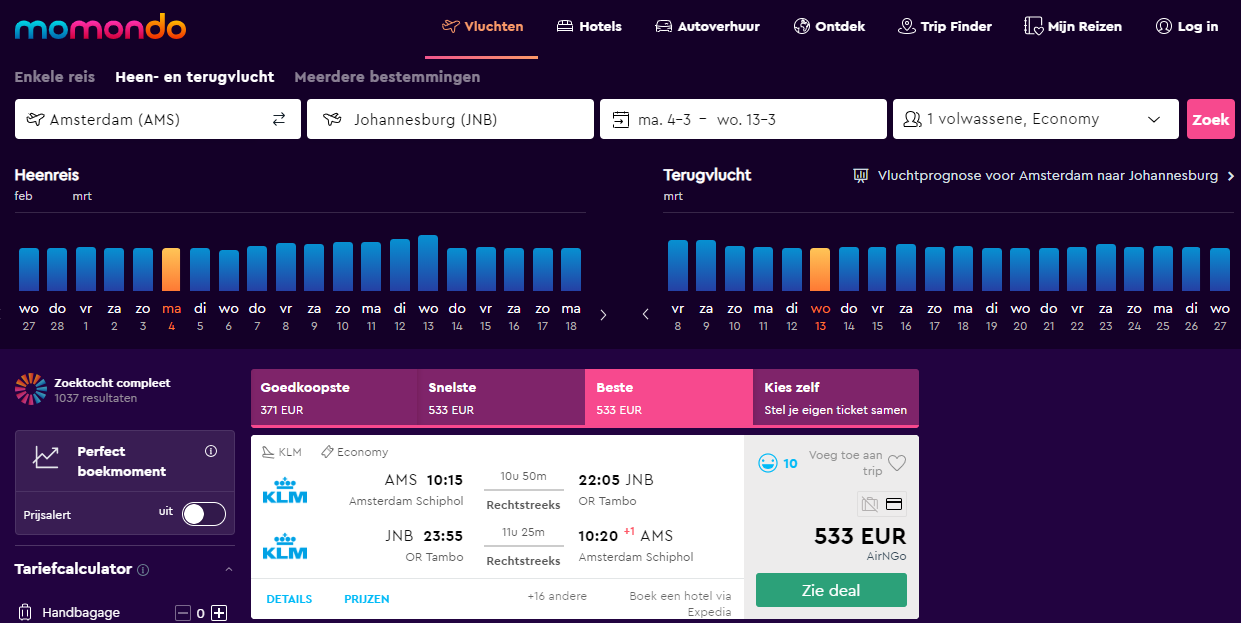 Werelddeal Weken op momondo AMS - JNB vanaf 533 euro