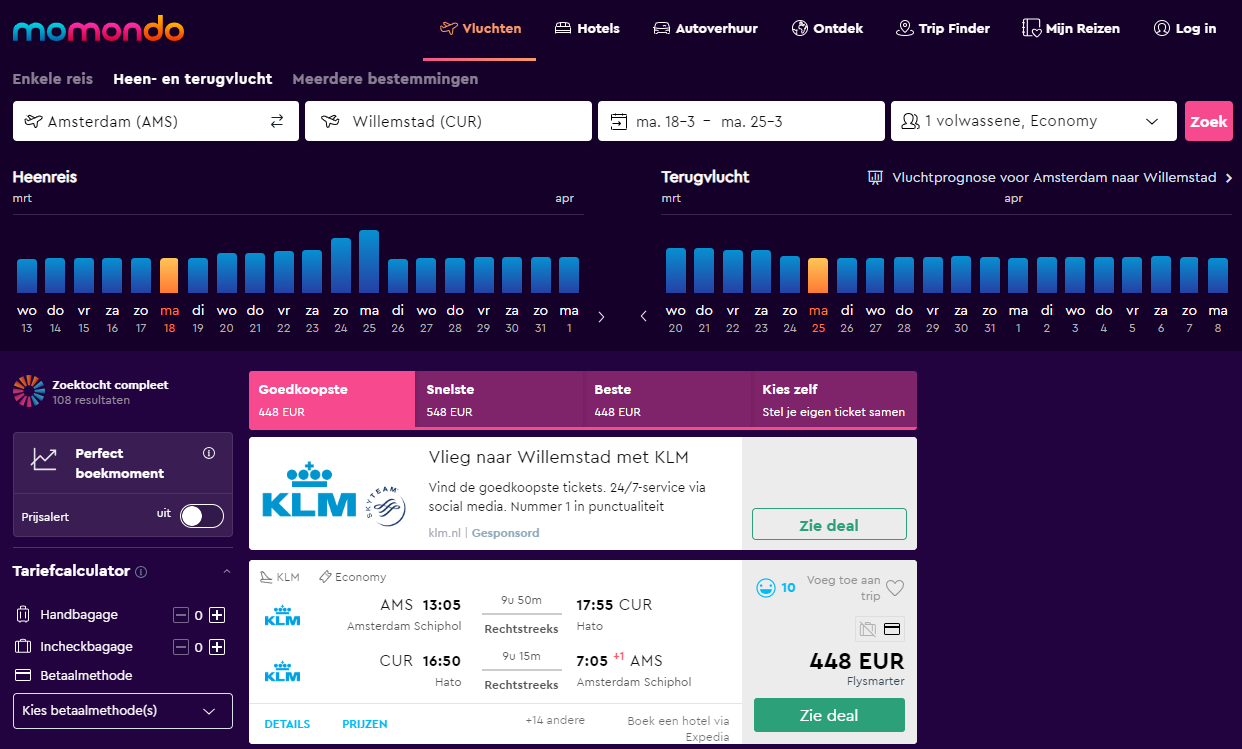 Werelddeal Weken op momondo AMS - CUR vanaf 448 euro