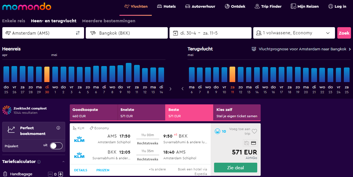 Werelddeal Weken op momondo AMS - BKK vanaf 571 euro