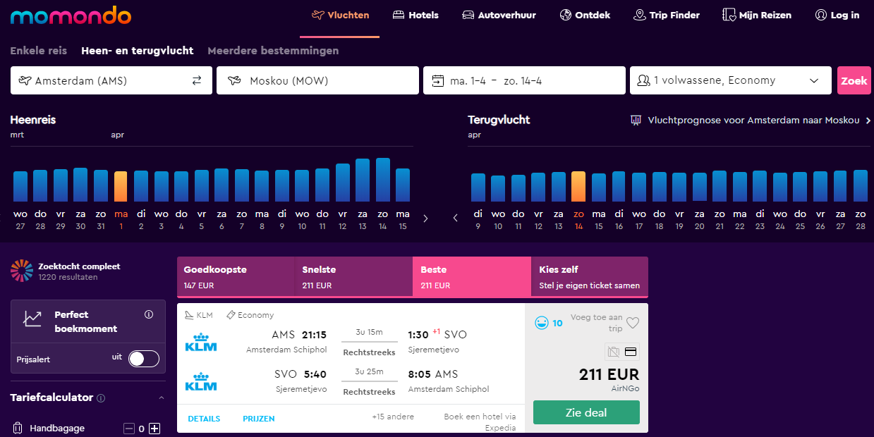 Werelddeal Weken op momondo AMS - MOW vanaf 211 euro