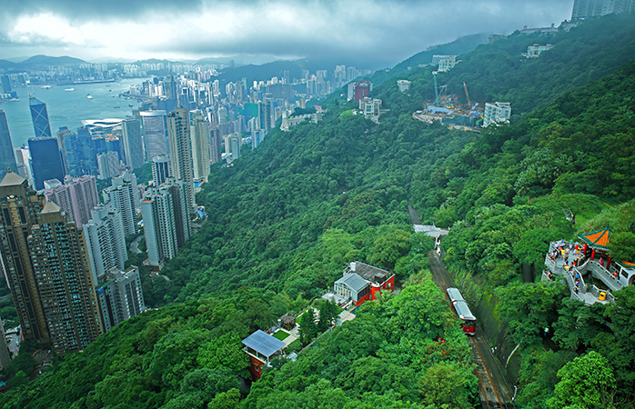 De geweldige groene heuvels van Hong Kong en de Peak Tram