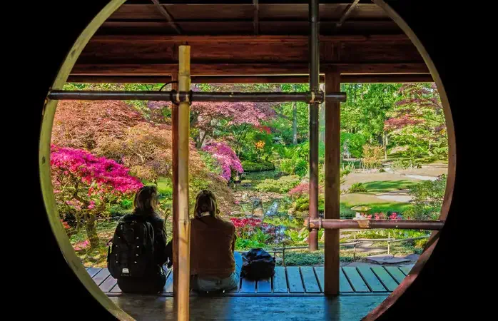 Visitors of the Japanese Garden Clingendael in The Hague enjoy the view and colors; Shutterstock ID 1091050265