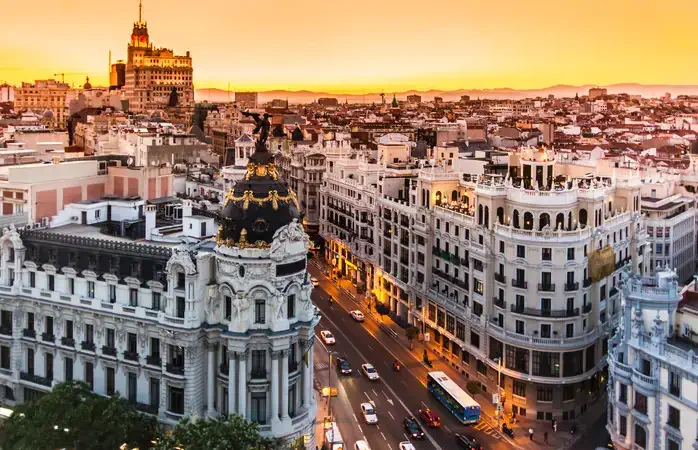 Panoramic aerial view of Gran Via, main shopping street in Madrid, capital of Spain, Europe.Panoramic aerial view of Gran Via, main shopping street in Madrid, capital of Spain, Europe.