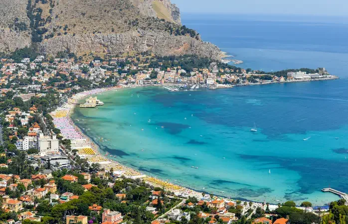 Panoramic view of Mondello beach in Palermo, Sicily