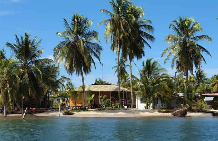 Caribbean beach house under coconut trees